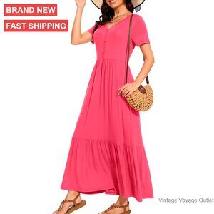 Short Sleeve Maxi Dress with V Neck Empire Waist Pockets Casual Summer